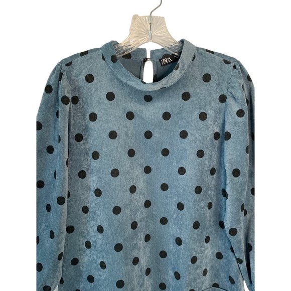 NWOT! ZARA Navy Blue + Black Polka Dot High-Neck Corduroy Mini Shift Dress - M - Picture 3 of 9